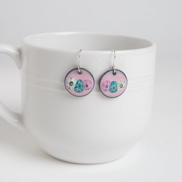 Handmade Copper Enamel Penny Earrings Pierced Dangle Round Boho Rustic - Picture 3 of 15